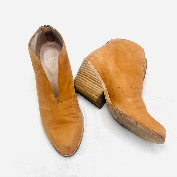 EILEEN FISHER Tan Leather Nelson Split Front Ankle Boots Bootie Womens Size 6 - Picture 2 of 13